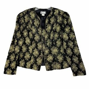 Vintage Black Metallic Gold Floral Evening Jacket Blazer Convertible Top